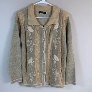 Embroidered‎ Knit Cardigan Sweater XL Floral Buttons Cottagecore Boho Grandpa
